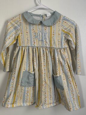 Striped Floral Girls Dress with Peter Pan Collar - Blue and Yellow